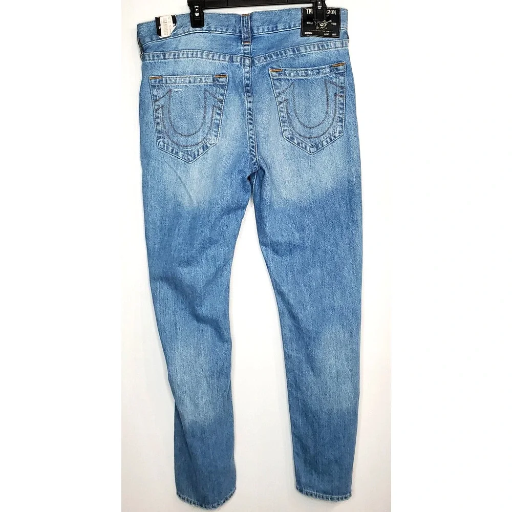 True Religion Brand Mens Jeans Ricky Relaxed Straight Leg SZ 34 Blue Distressed